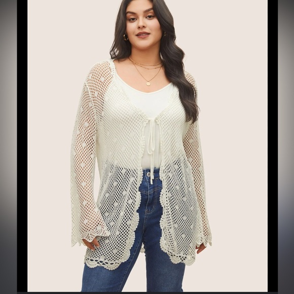 BloomChic NEW NWT Pointelle Knit Tie Lace Panel Bell Sleeve White Cardigan 22-24 - Picture 1 of 7